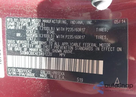 2014 Toyota Sienna Le V6 8 Passenger z USA, uszkodzony, nr VIN 5TDKK3DC4ES491220